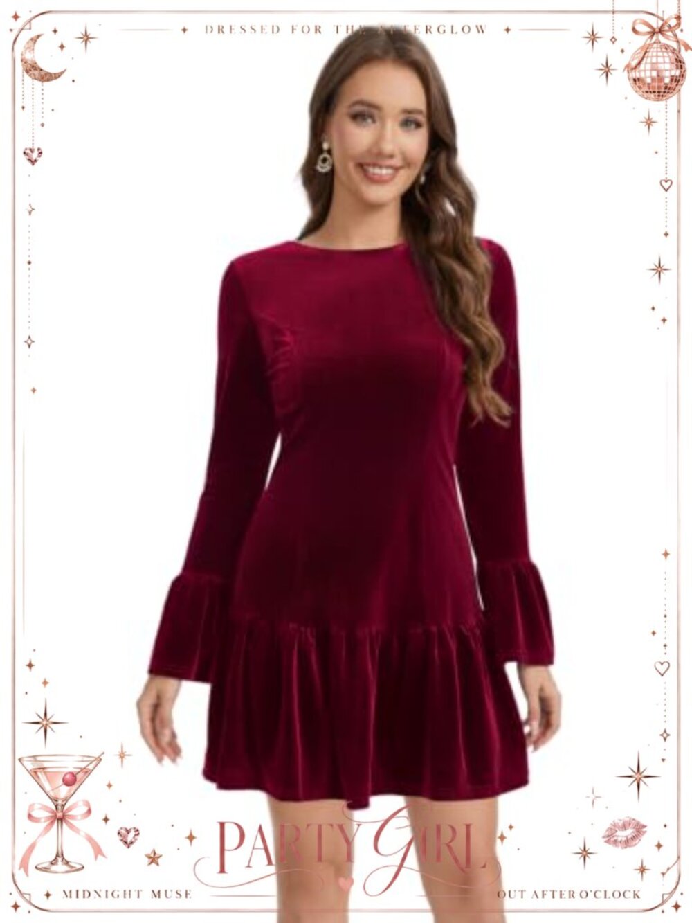 Velvet Fit and Flare Mini Dress Crew Neck Bell Sleeve Ruffle Hem Party